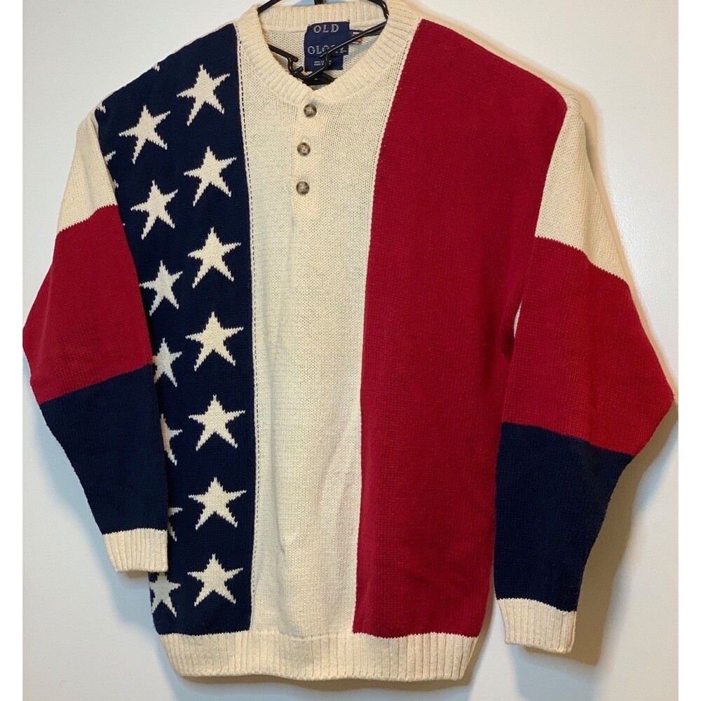 Vtg Old Glory Flag Sweater Mens Sz XL Red White Blue Made in USA Cotton Pullover